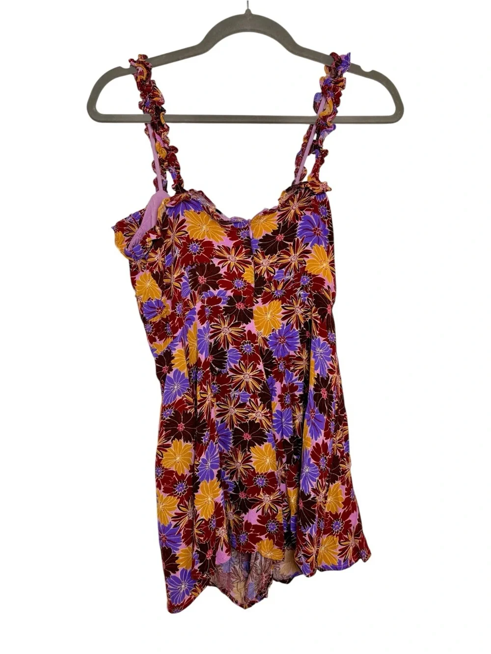 Lush Purple Yellow Floral Ruffle Strap Romper Boho Festival Medium